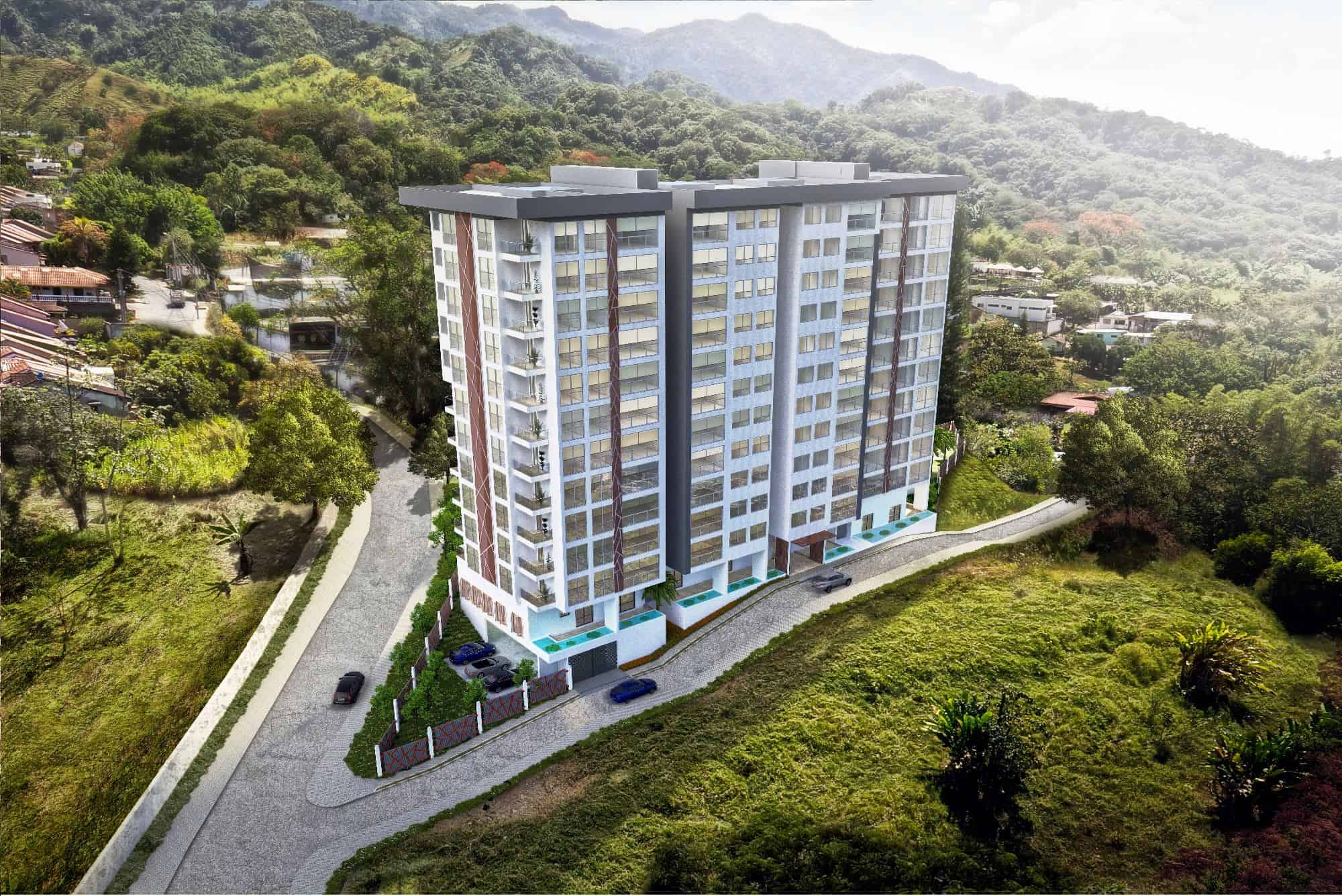 Apartamento 200m2 Calambeo Ibagué, vista aérea del edificio moderno en zona residencial.
